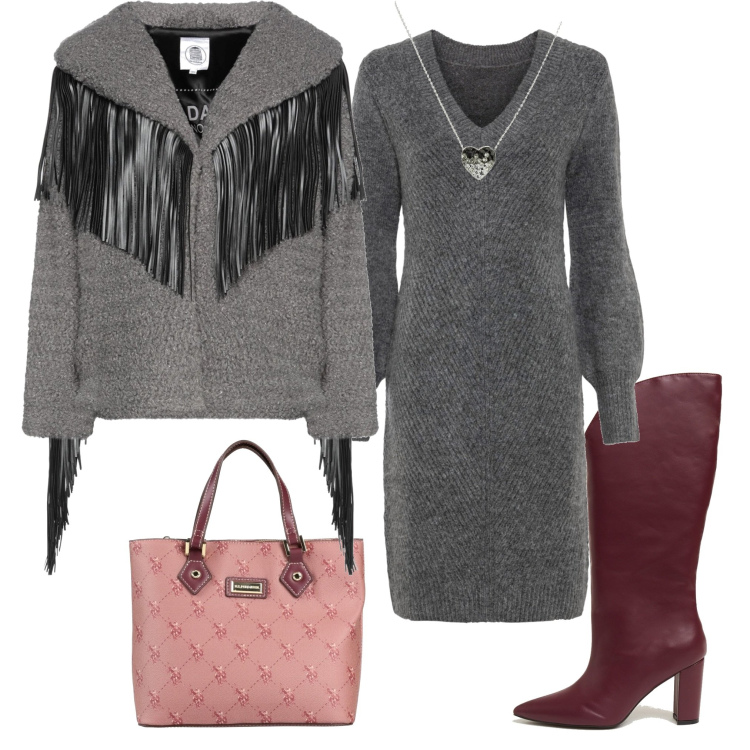 Outfit donna - Al lavoro. Stile Trendy per Ufficio. Abbinamento con vestiti, collane, cappotti, borse a mano, stivali.