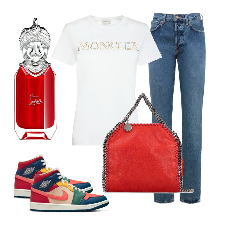 Outfit donna - Borsa rossa. Stile Casual per Tutti i giorni. Abbinamento con sneakers, profumi, shopping bag, t-shirt, jeans dritti.