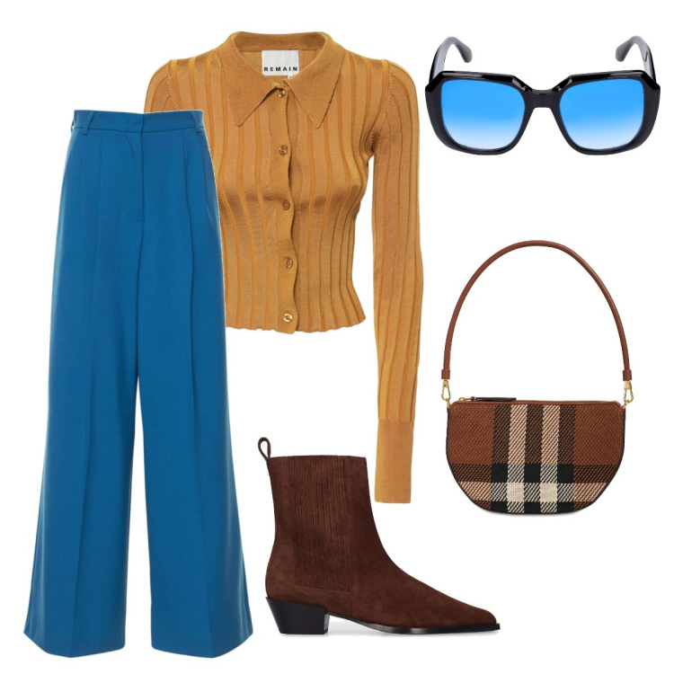 Outfit donna - Senape e azzurro. Stile Vintage retrò per Tutti i giorni. Abbinamento con pantaloni, cardigans, stivaletti, borse a spalla, occhiali da sole.