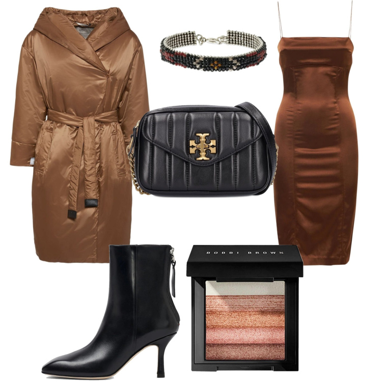 Outfit donna - Glam in marrone e nero. Stile Trendy per Serata fuori. Abbinamento con blush, vestiti midi/longuette, borse a spalla, braccialetti, stivaletti, cappotti.