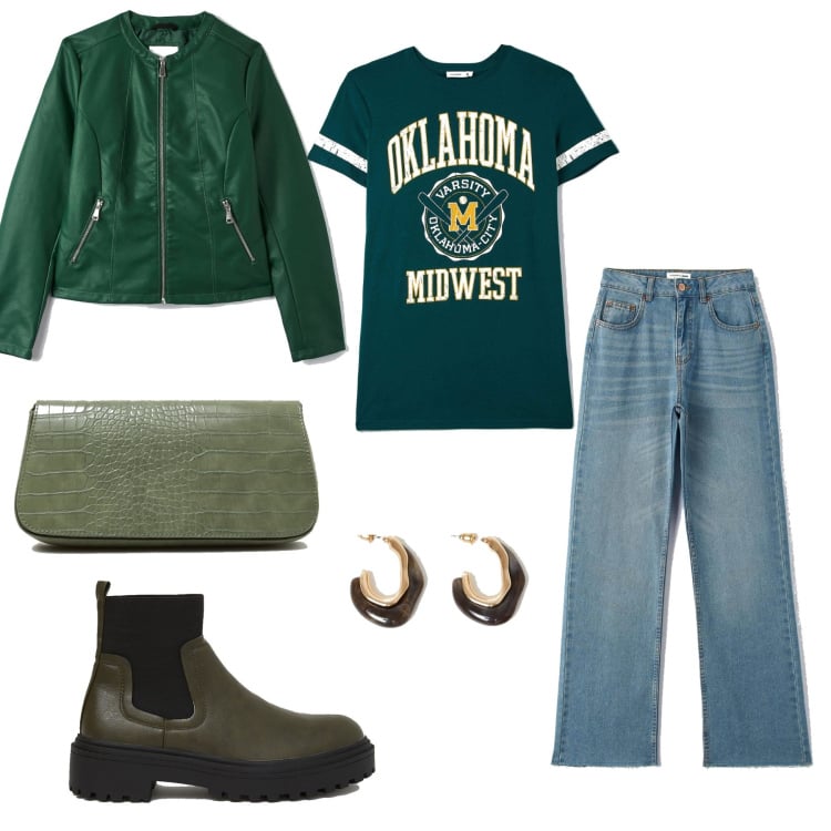 Outfit donna - Sfizioso e giovane in verde. Stile Sporty chic per Scuola/Università. Abbinamento con jeans, cappotti, t-shirt, stivali, borse a spalla, orecchini.
