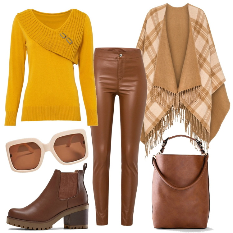 Outfit donna - Un raggio di sole. Stile Urban per Ufficio. Abbinamento con stivaletti chelsea, maglieria, pantaloni, shopping bag, cappotti, occhiali da sole.