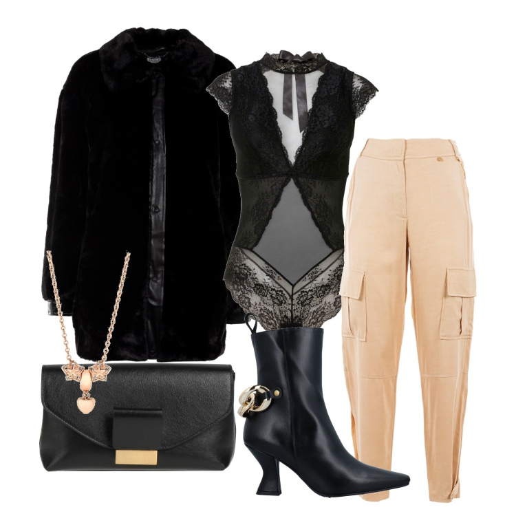 Outfit donna - Portami fuori!. Stile Glamour per Serata fuori. Abbinamento con body, borse a mano, stivaletti, giacche, pantaloni cargo, collane.