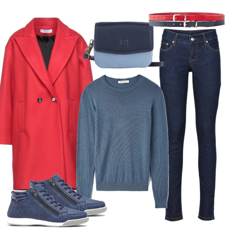 Outfit donna - Autunno rosso e blu. Stile Basic per Tutti i giorni. Abbinamento con sneakers alte, jeans skinny, cinture, cappotti, maglieria, borse a mano.