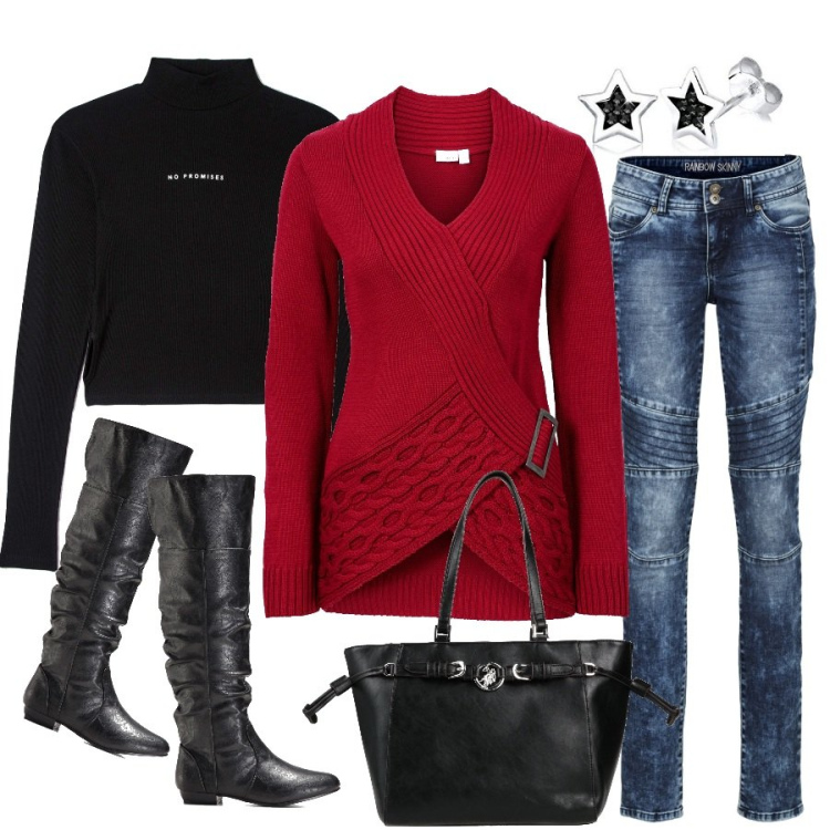 Outfit donna - Un caldo inverno in rosso. Stile Rock per Tutti i giorni. Abbinamento con stivali sopra il ginocchio, maglieria, jeans skinny, borse a mano, t-shirt, orecchini.