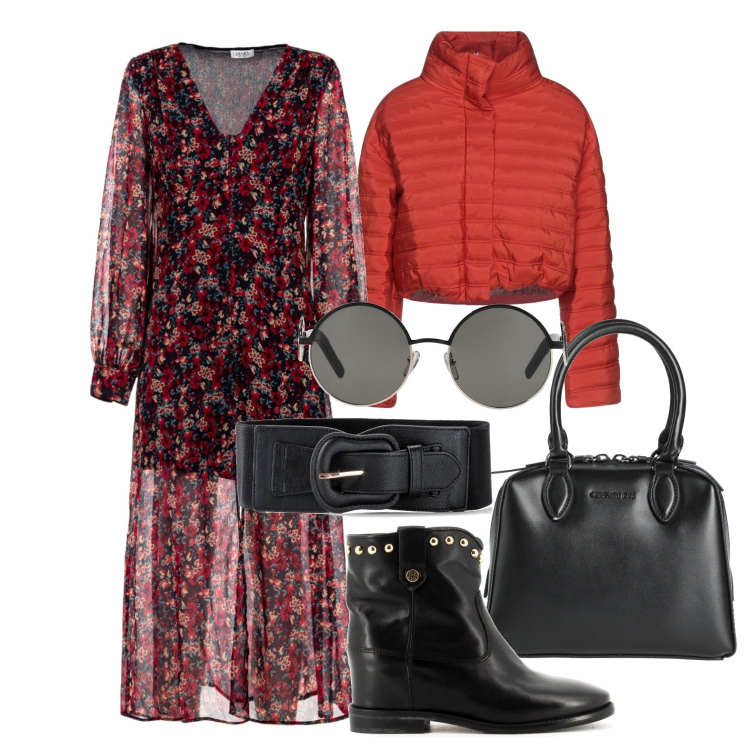 Outfit donna - Il piumino rosso lo voglio corto. Stile Glamour per Ufficio. Abbinamento con cinture, borse a mano, occhiali da sole, piumini, vestiti lunghi, stivaletti.
