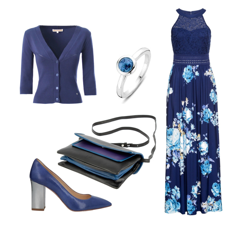 Outfit donna - Fiori blu. Stile Romantica per Serata fuori. Abbinamento con vestiti lunghi, décolleté, borse a tracolla, maglieria, anelli.