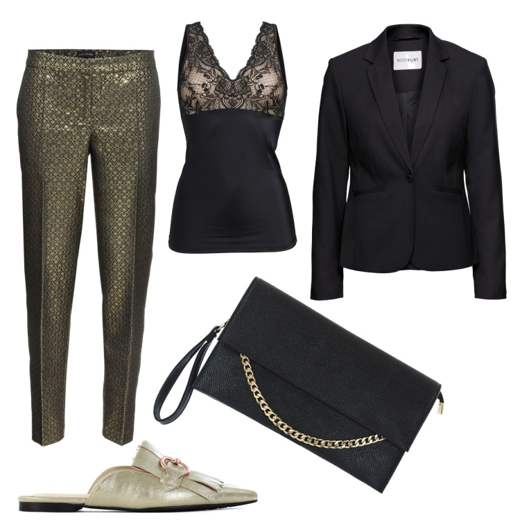 Outfit donna - Serata di gala. Stile Chic per Serata fuori. Abbinamento con blazer, pantaloni, top, sabot, pochette.