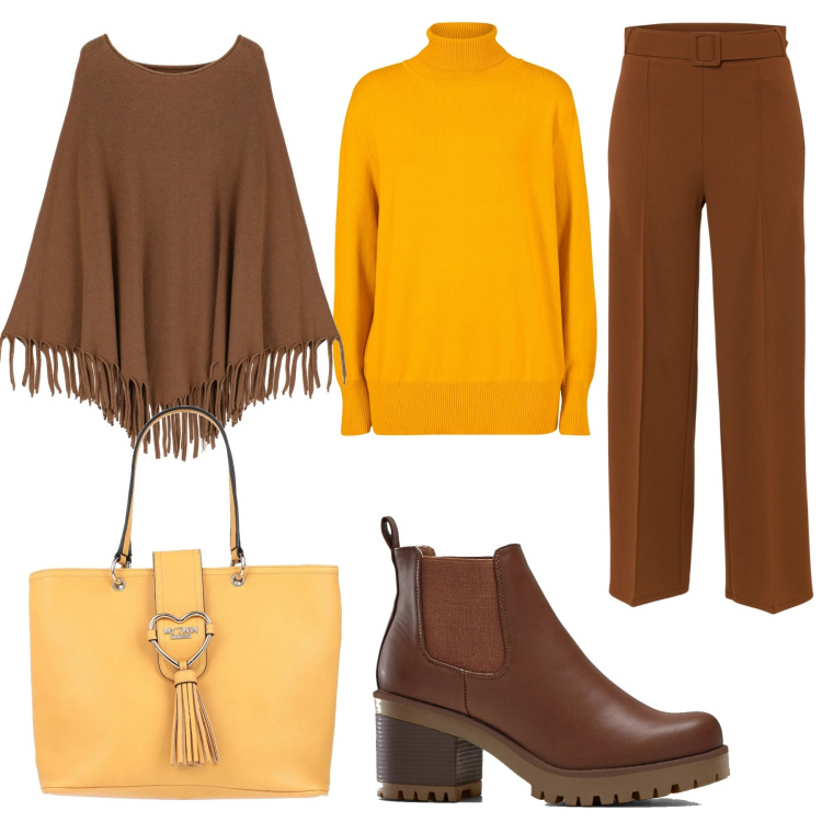 Outfit donna - Giallo e marrone per l\'autunno. Stile Casual chic per Ufficio. Abbinamento con stivaletti chelsea, pantaloni a palazzo, maglieria, borse a mano, cappotti.