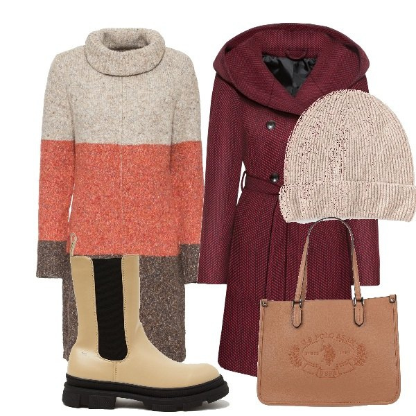 Outfit donna - Cappotto e abito in maglia. Stile Chic per Ufficio. Abbinamento con vestiti, cappotti, berretti, borse a mano, stivali.
