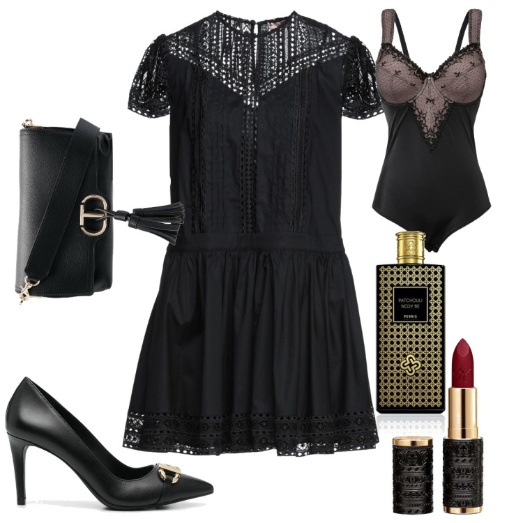 Outfit donna - Lace’s allure. Stile Chic per Serata fuori. Abbinamento con body, vestiti corti, décolleté, borse a spalla, profumi, rossetti.