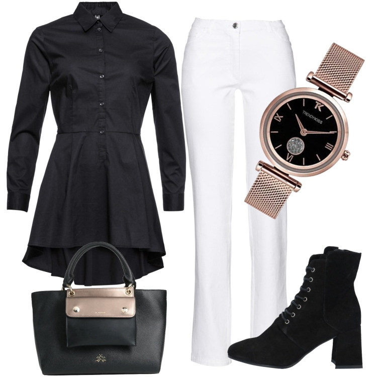 Outfit donna - La camicia lunga. Stile Casual chic per Tutti i giorni. Abbinamento con camicie, pantaloni, stivaletti, borse a mano, orologi.