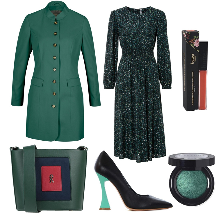 Outfit donna - Il cappotto verde. Stile Trendy per Ufficio. look ideale per Tall. Abbinamento con vestiti midi/longuette, blazer, borse a tracolla, décolleté, ombretti, gloss.