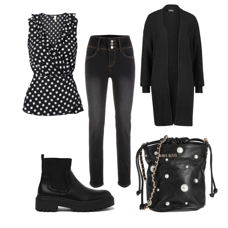 Outfit donna - Black Is back. Stile Casual per Tutti i giorni. Abbinamento con borse a tracolla, bluse, cardigans, jeans slim fit, stivali.