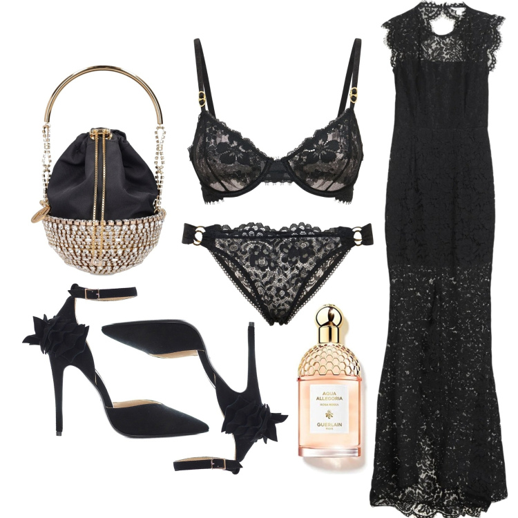 Outfit donna - Secchiello gioiello. Stile Sexy per Cerimonia. Abbinamento con vestiti lunghi, décolleté, slip, profumi, reggiseni, borse a mano.