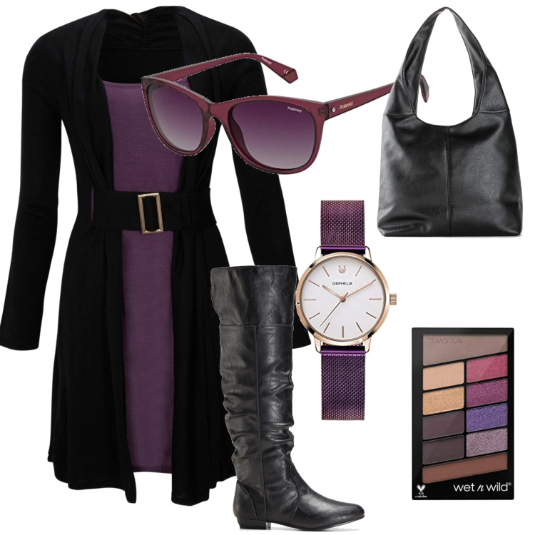 Outfit donna - Un giro con il viola. Stile Casual chic per Tutti i giorni. Abbinamento con stivali sopra il ginocchio, vestiti midi/longuette, borse a spalla, ombretti, orologi analogici, occhiali da sole.