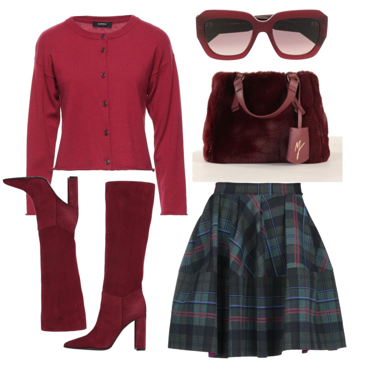 Outfit donna - Tartan bon ton. Stile Preppy per Ufficio. Abbinamento con minigonne, stivali, cardigans, borse a mano, occhiali da sole.