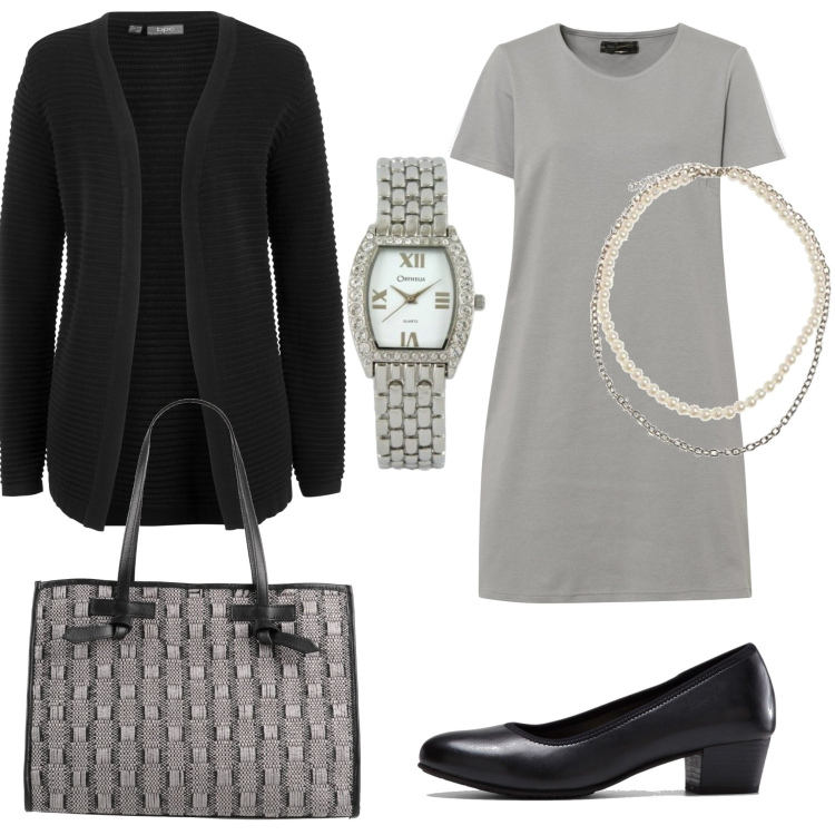 Outfit donna - Buongiorno. Stile Bon Ton per Ufficio. Abbinamento con décolleté, vestiti, cardigans, borse a mano, collane, orologi.