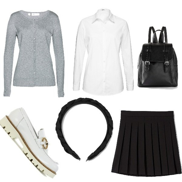 Outfit donna - L\'amica Preppy. Stile Preppy per Tutti i giorni. Abbinamento con camicie, cardigans, zaini, minigonne, mocassini, cerchietti.