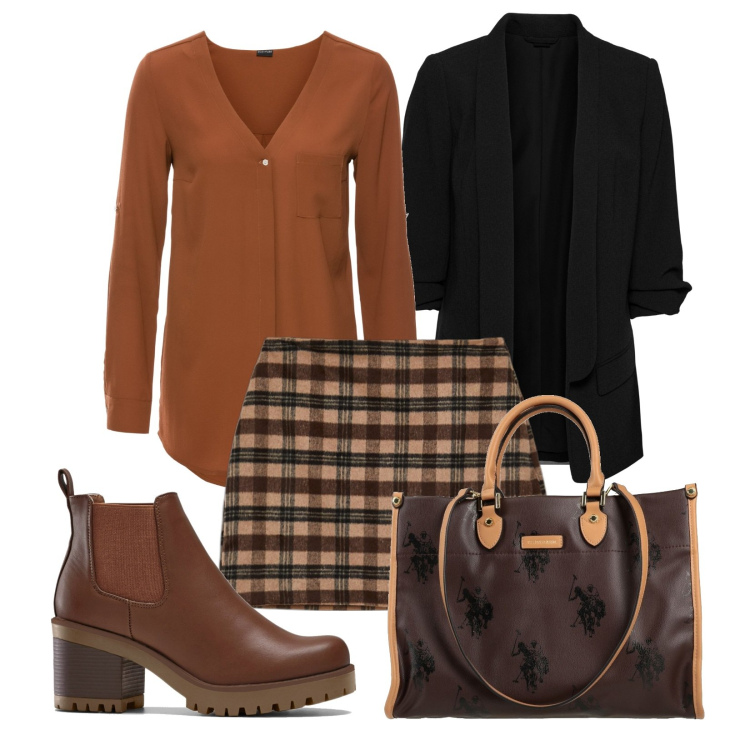 Outfit donna - Mini scozzese. Stile Preppy per Scuola/Università. Abbinamento con camicie, stivaletti chelsea, blazer, borse a mano, minigonne.