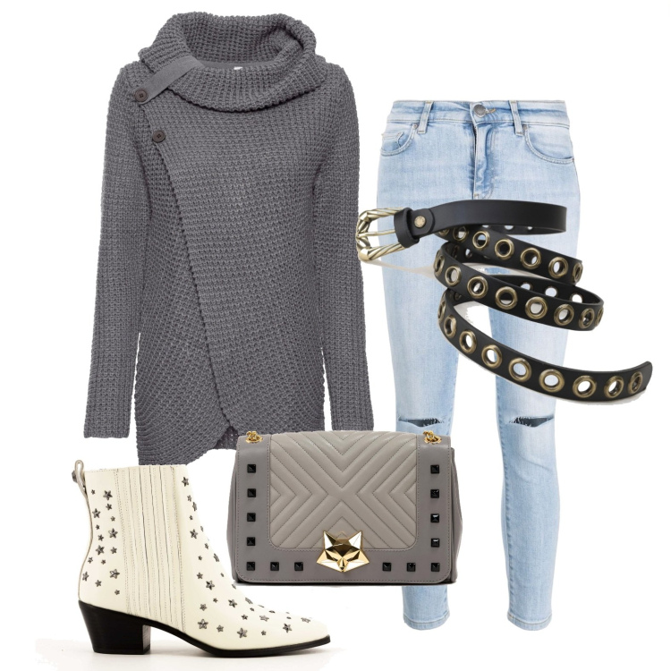 Outfit donna - Borchiette. Stile Casual per Tutti i giorni. Abbinamento con maglieria, stivaletti, borse a tracolla, jeans skinny, cinture.
