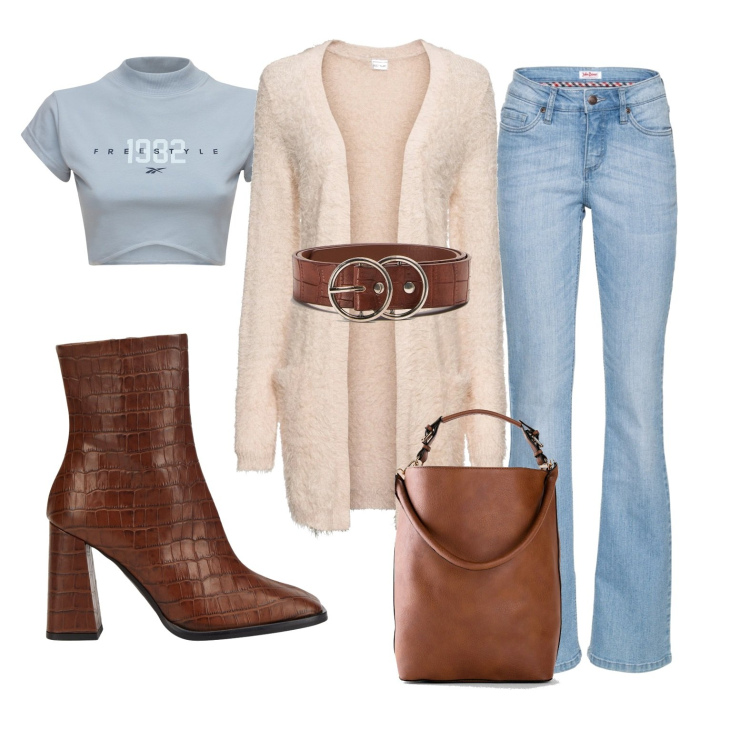 Outfit donna - Passeggiata in centro. Stile Casual per Tutti i giorni. Abbinamento con jeans bootcut, cardigans, shopping bag, stivaletti, cinture, t-shirt.