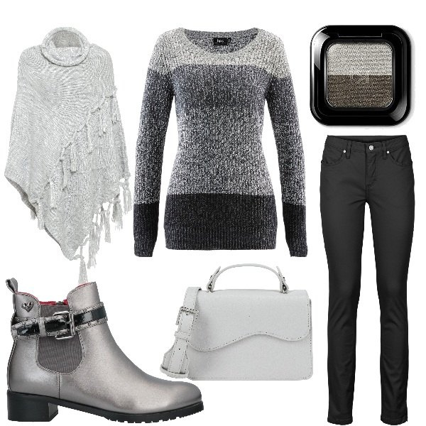 Outfit donna - Sfumature di grigio. Stile Basic per Tutti i giorni. Abbinamento con maglieria, jeans skinny, cappotti, stivaletti, borse a mano, ombretti.