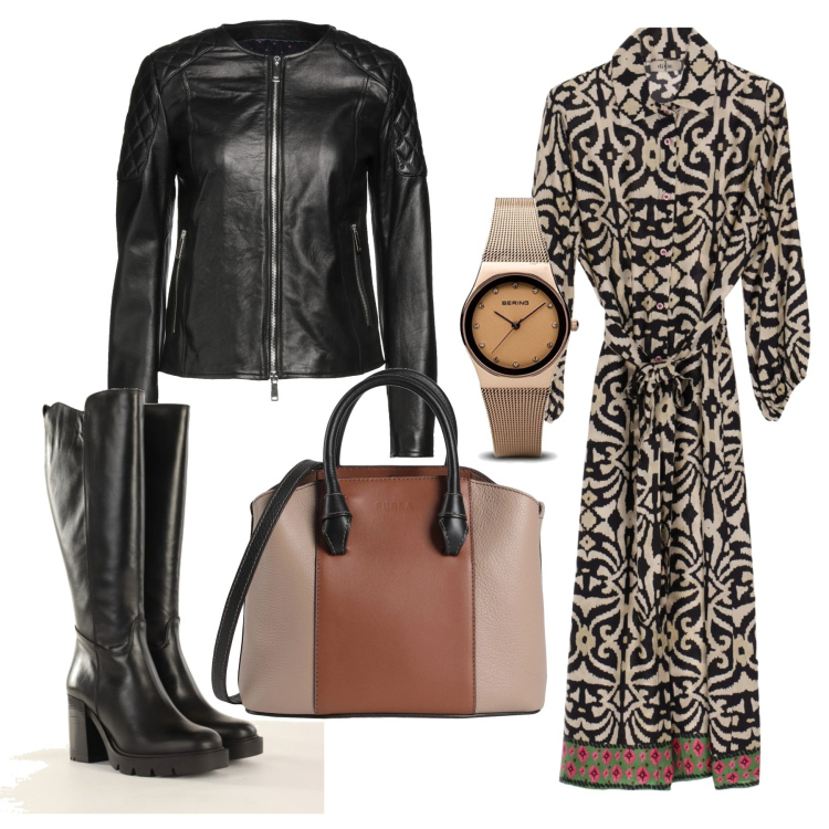Outfit donna - Chemisier etnico con biker. Stile Trendy per Ufficio. Abbinamento con borse a mano, giacche, vestiti chemisier, stivali, orologi.