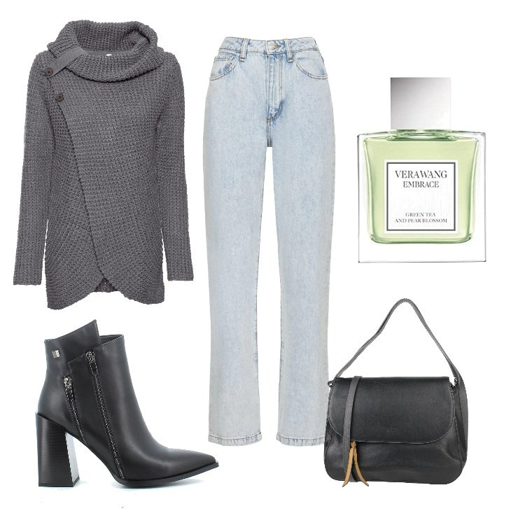 Outfit donna - Basic in ufficio. Stile Basic per Ufficio. Abbinamento con maglieria, borse a mano, stivaletti, jeans mom, profumi.