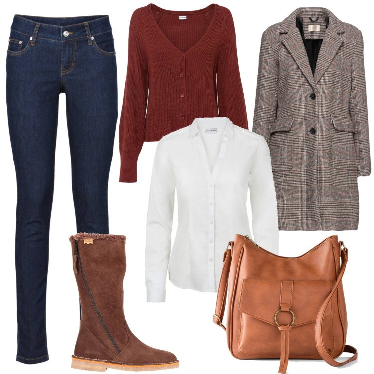 Outfit donna - L\' amica Preppy. Stile Preppy per Tutti i giorni. Abbinamento con borse a tracolla, camicie, jeans skinny, cardigans, cappotti, stivali.