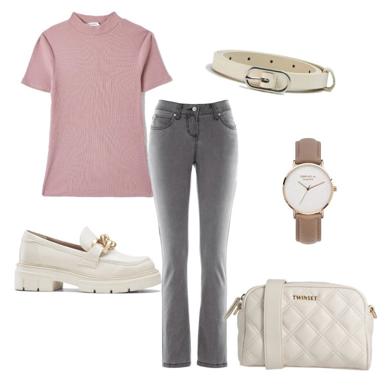 Outfit donna - Più basico di così. Stile Basic per Tutti i giorni. Abbinamento con jeans slim fit, mocassini, borse a tracolla, t-shirt, cinture, orologi analogici.
