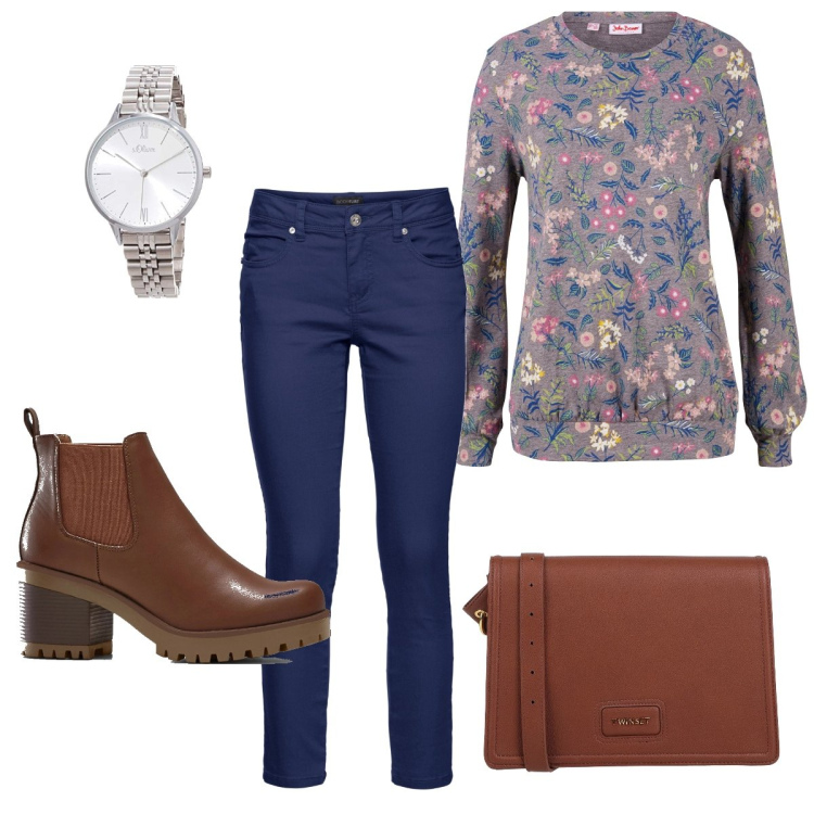 Outfit donna - La maglia a fiori. Stile Basic per Tutti i giorni. Abbinamento con stivaletti chelsea, felpe, pantaloni, borse a tracolla, orologi.