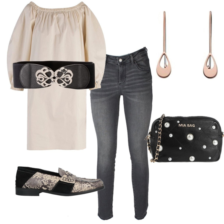 Outfit donna - La borsetta a pois. Stile Casual chic per Tutti i giorni. Abbinamento con cinture, borse a tracolla, mocassini, jeans skinny, vestiti midi/longuette, orecchini.