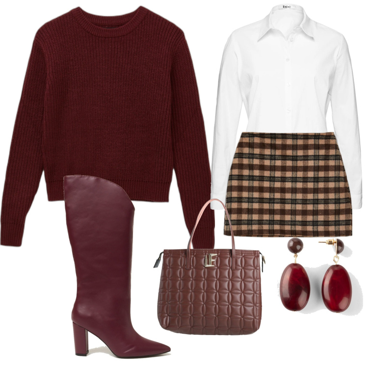 Outfit donna - Minigonna a quadri. Stile Casual per Tutti i giorni. Abbinamento con camicie, orecchini, borse a mano, maglieria, minigonne, stivali.