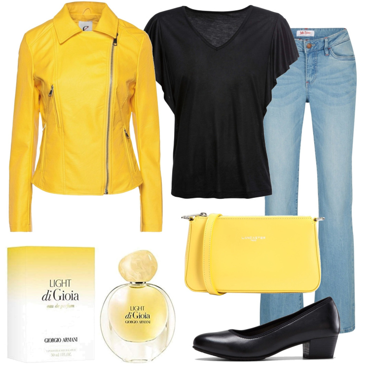 Outfit donna - Una giornata gioiosa. Stile Urban per Tutti i giorni. Abbinamento con jeans bootcut, décolleté, maglieria, giacche, borse a spalla, profumi.