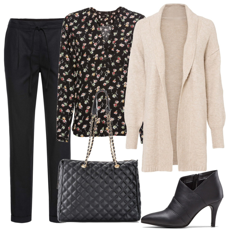 Outfit donna - A pranzo. Stile Casual chic per Ufficio. Abbinamento con bluse, pantaloni, shopping bag, cardigans, stivaletti.