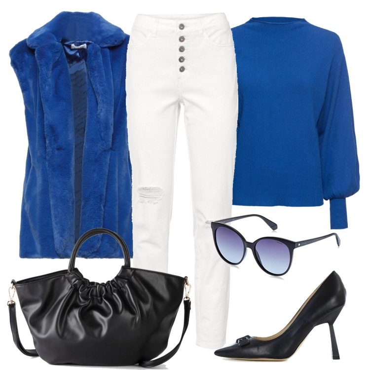 Outfit donna - Ecopelliccia smanicata. Stile Casual chic per Tutti i giorni. Abbinamento con maglieria, pantaloni, borse a mano, cappotti, décolleté, occhiali da sole.