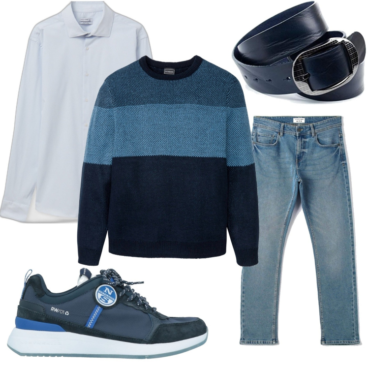 Outfit uomo - Il maglione blu. Stile Casual per Tutti i giorni. Abbinamento con maglieria, sneakers, jeans, camicie, cinture.