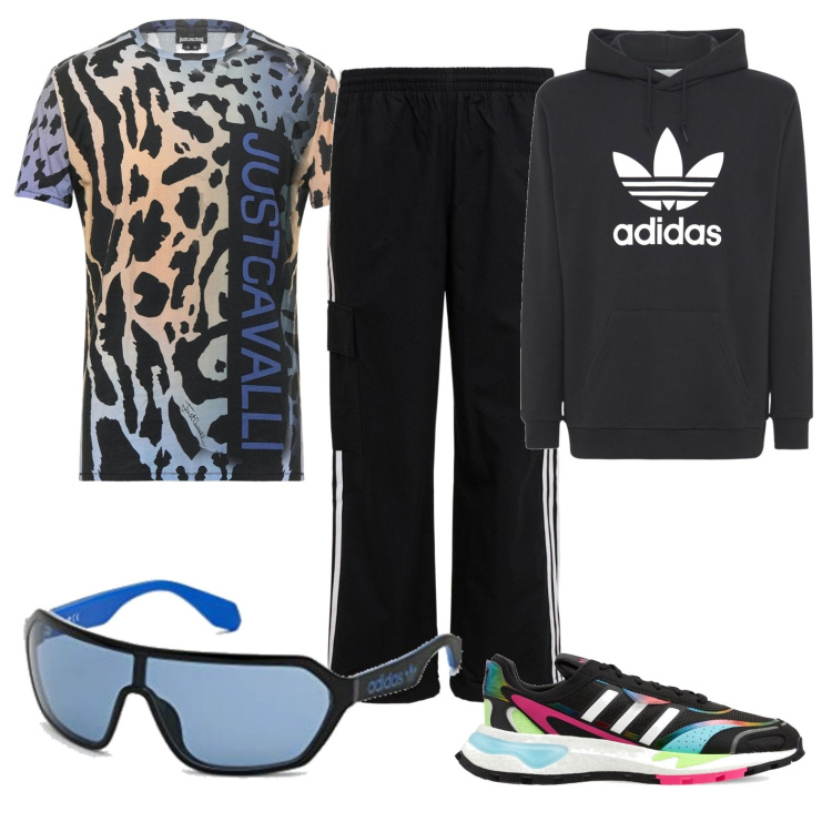 Outfit uomo - A tutto sport. Stile Urban per Sport. Abbinamento con t-shirt, sneakers, occhiali da sole, felpe con cappuccio, pantaloni cargo.