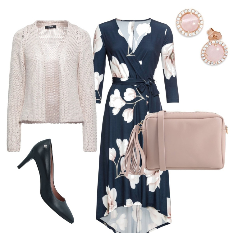 Outfit donna - Appuntamento romantico. Stile Casual chic per Serata fuori. Abbinamento con vestiti lunghi, cardigans, décolleté, borse a tracolla, orecchini.