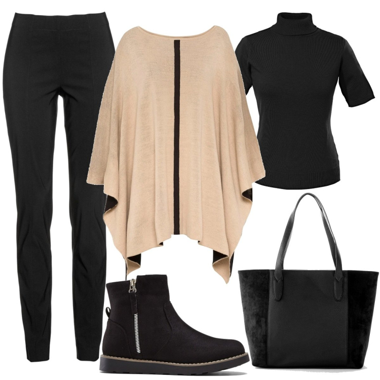 Outfit donna - A pranzo con i colleghi. Stile Basic per Tutti i giorni. Abbinamento con pantaloni, stivaletti, maglieria, shopping bag, cappotti.