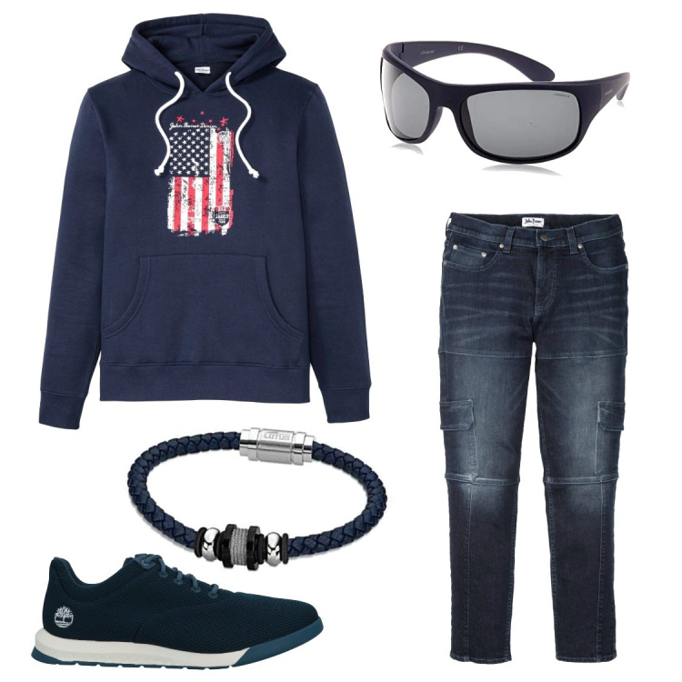 Outfit uomo - Casual in blue. Stile Casual per Tutti i giorni. Abbinamento con jeans slim fit, felpe con cappuccio, sneakers, braccialetti, occhiali da sole.