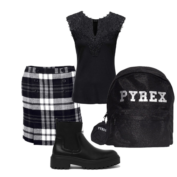 Outfit donna - Total look #1442324. Stile Rock per Tutti i giorni. Abbinamento con top, minigonne, zaini, stivali.