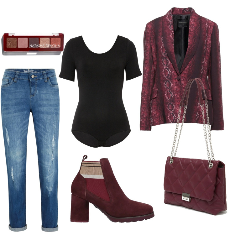 Outfit donna - Casual chic #22339. Stile Casual chic per Tutti i giorni. Abbinamento con body, jeans boyfriend, blazer, stivaletti, borse a spalla, ombretti.