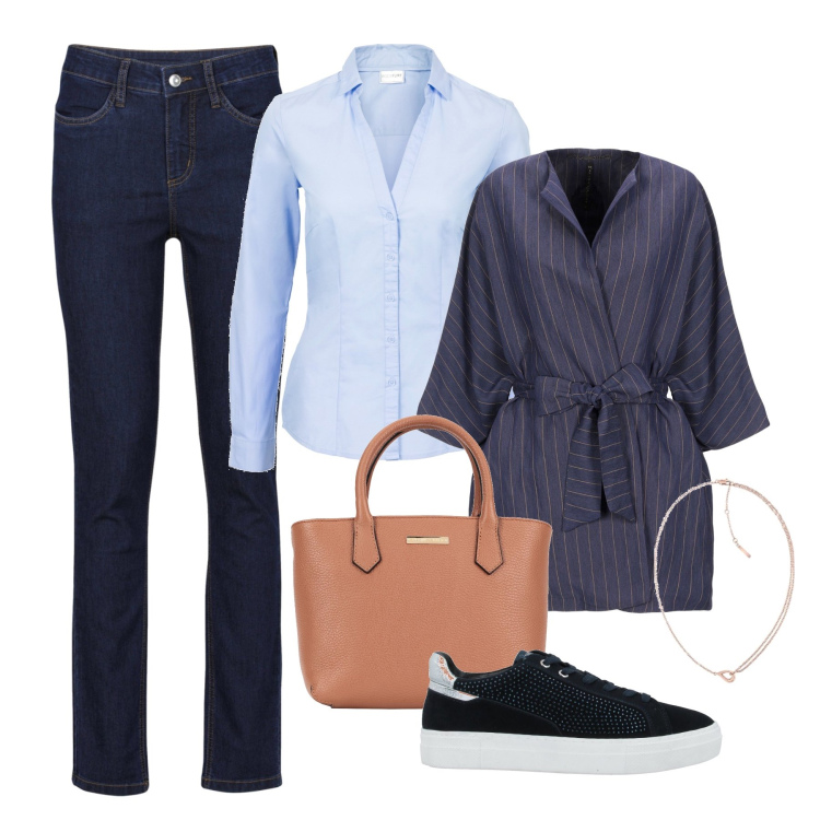 Outfit donna - Pranzo Informale. Stile Casual per Ufficio. Abbinamento con camicie, jeans, blazer, borse a mano, sneakers, collane.