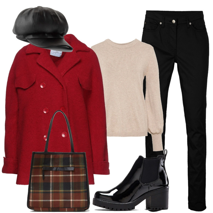 Outfit donna - In città. Stile Casual chic per Tutti i giorni. Abbinamento con stivaletti, maglieria, pantaloni, cappelli con visiera, cappotti, shopping bag.