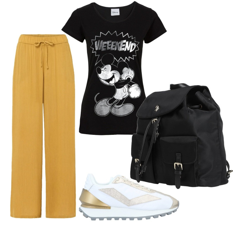 Outfit donna - Total look #1442406. Stile Casual chic per Tutti i giorni. Abbinamento con pantaloni a palazzo, t-shirt, sneakers, zaini.