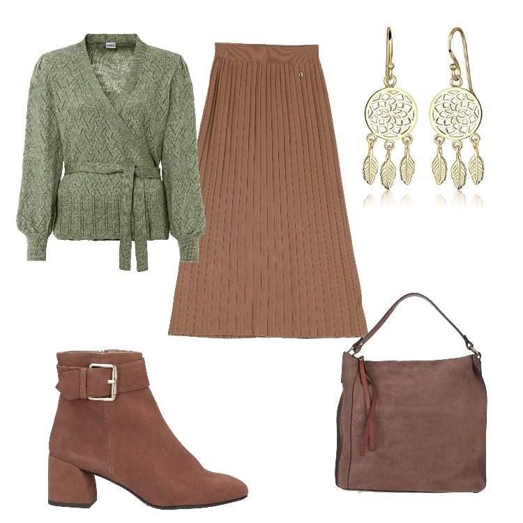 Outfit donna - Gonna plissettata e cardigan. Stile Chic per Ufficio. Abbinamento con maglieria, stivaletti, borse a mano, gonne longuette, orecchini.