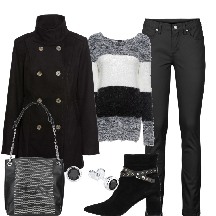 Outfit donna - In città. Stile Casual chic per Tutti i giorni. Abbinamento con jeans skinny, caban, maglieria, borse a spalla, stivaletti, orecchini.