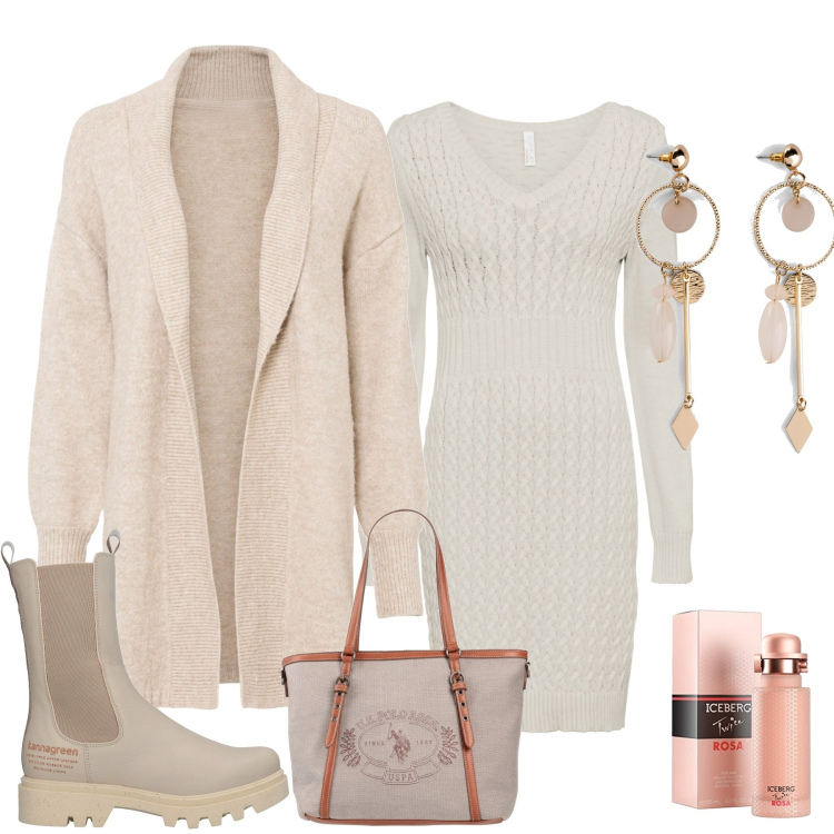 Outfit donna - A casa di Giulia. Stile Casual chic per Tutti i giorni. Abbinamento con vestiti, orecchini, cardigans, stivaletti, borse a spalla, profumi.